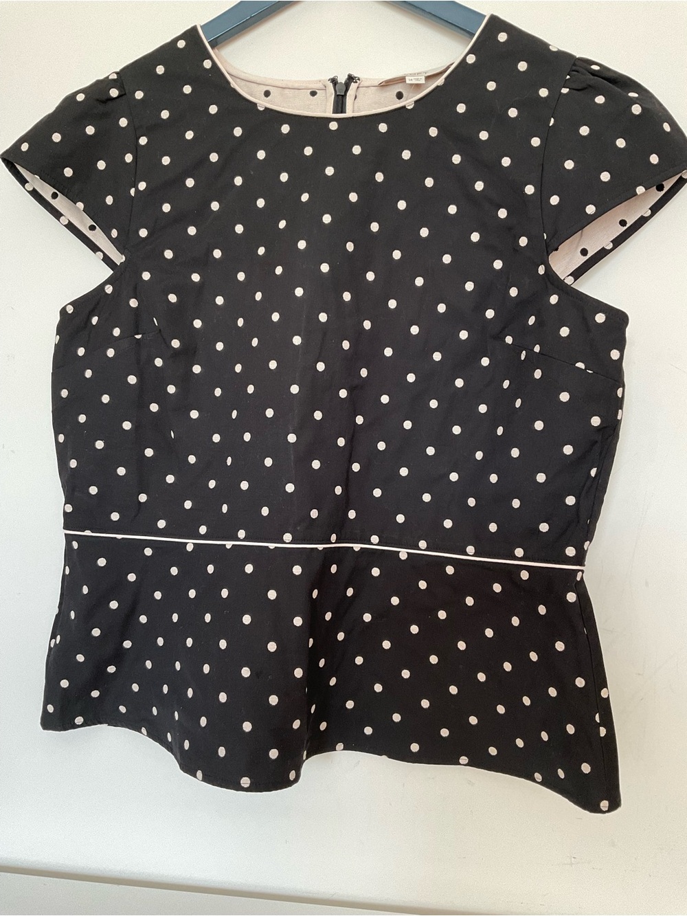 LOFT Black Polka Dot Peplum Top - Classic Women's Short Sleeve Size 14